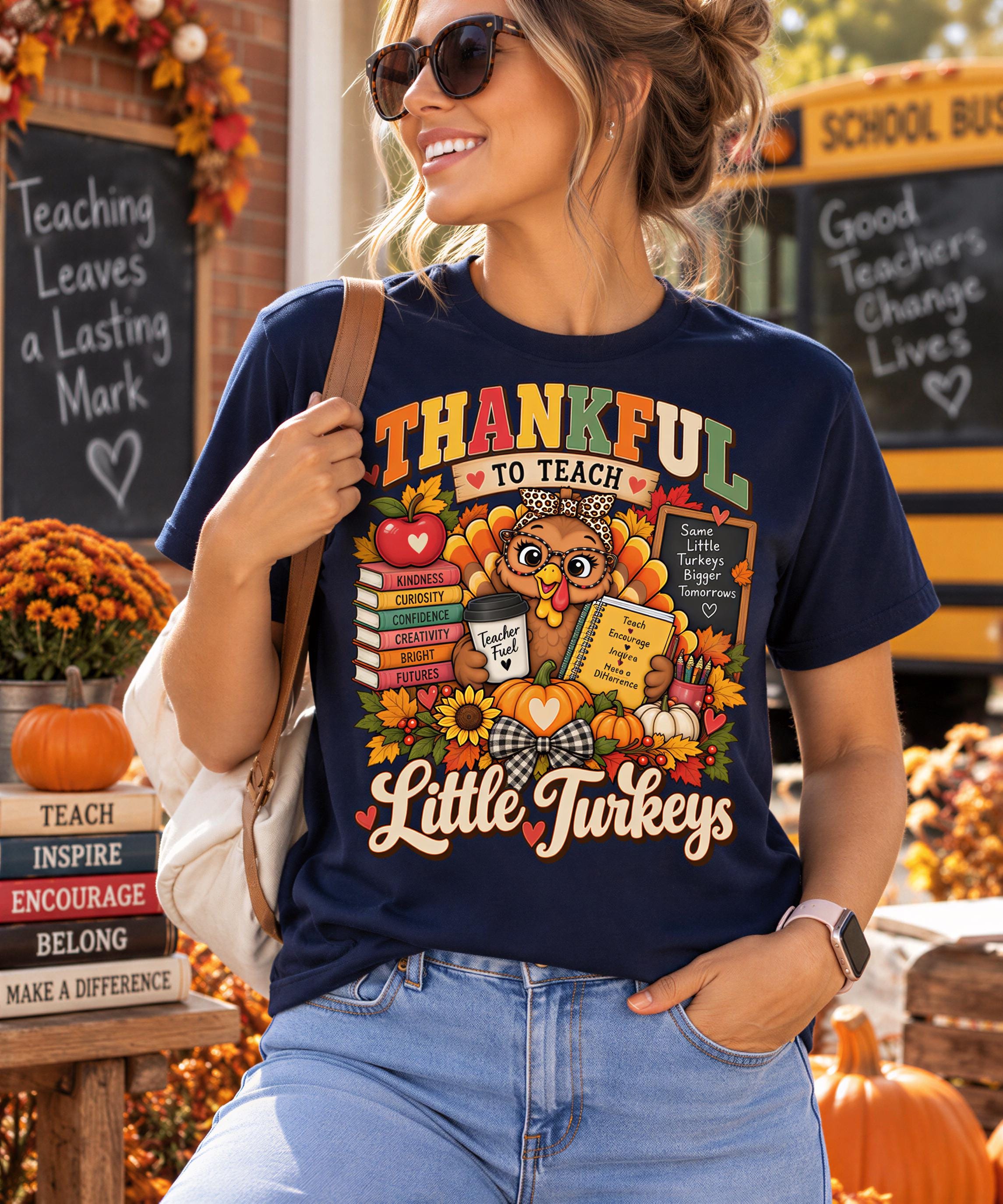 A woman wearing a blue t-shirt with a graphic design of a turkey surrounded by fall decorations, smiling and holding a book.