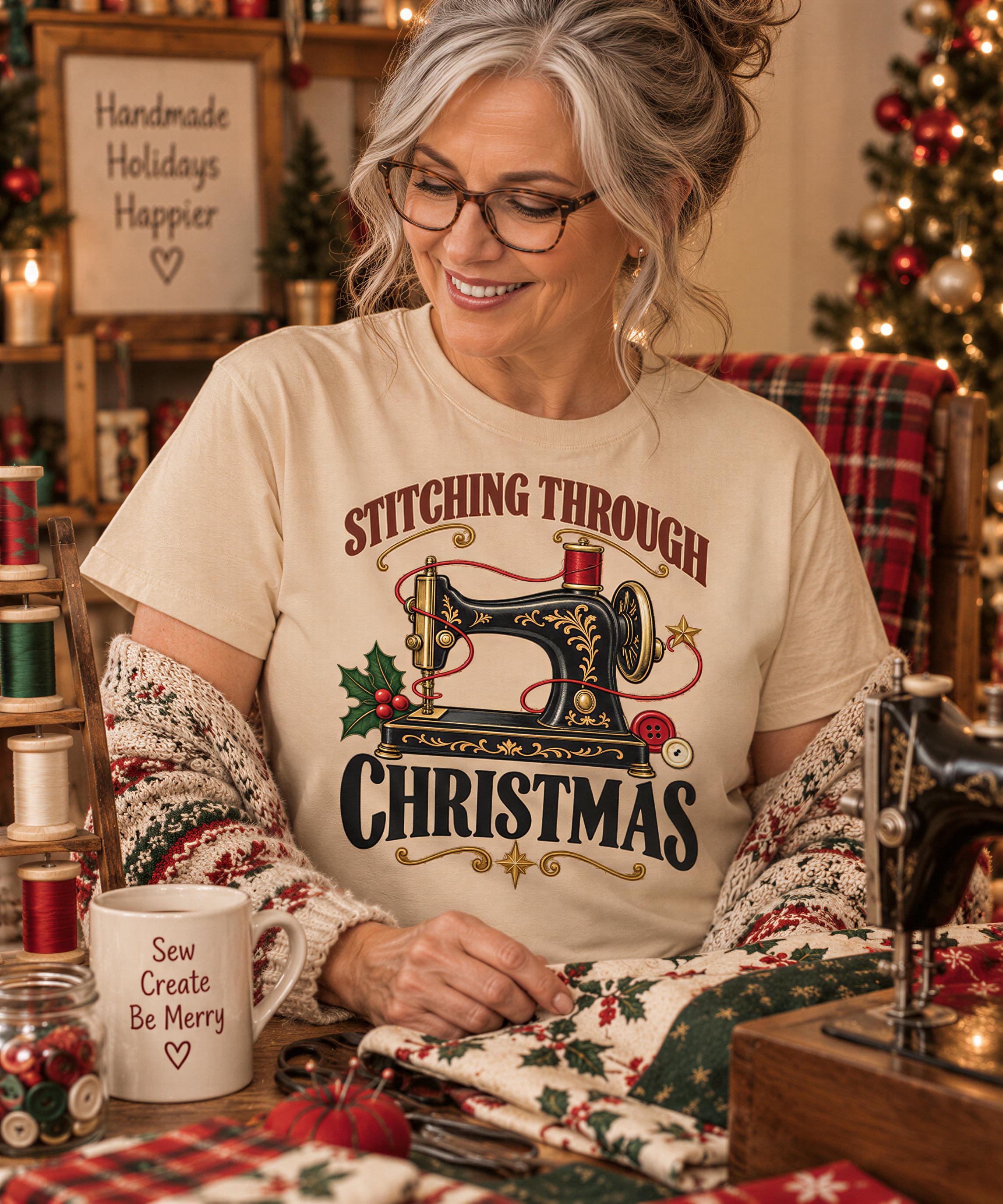 A smiling woman wearing a t-shirt with a sewing machine design and the text "Stitching Through Christmas" is seated at a table with sewing supplies and a Christmas tree in the background.