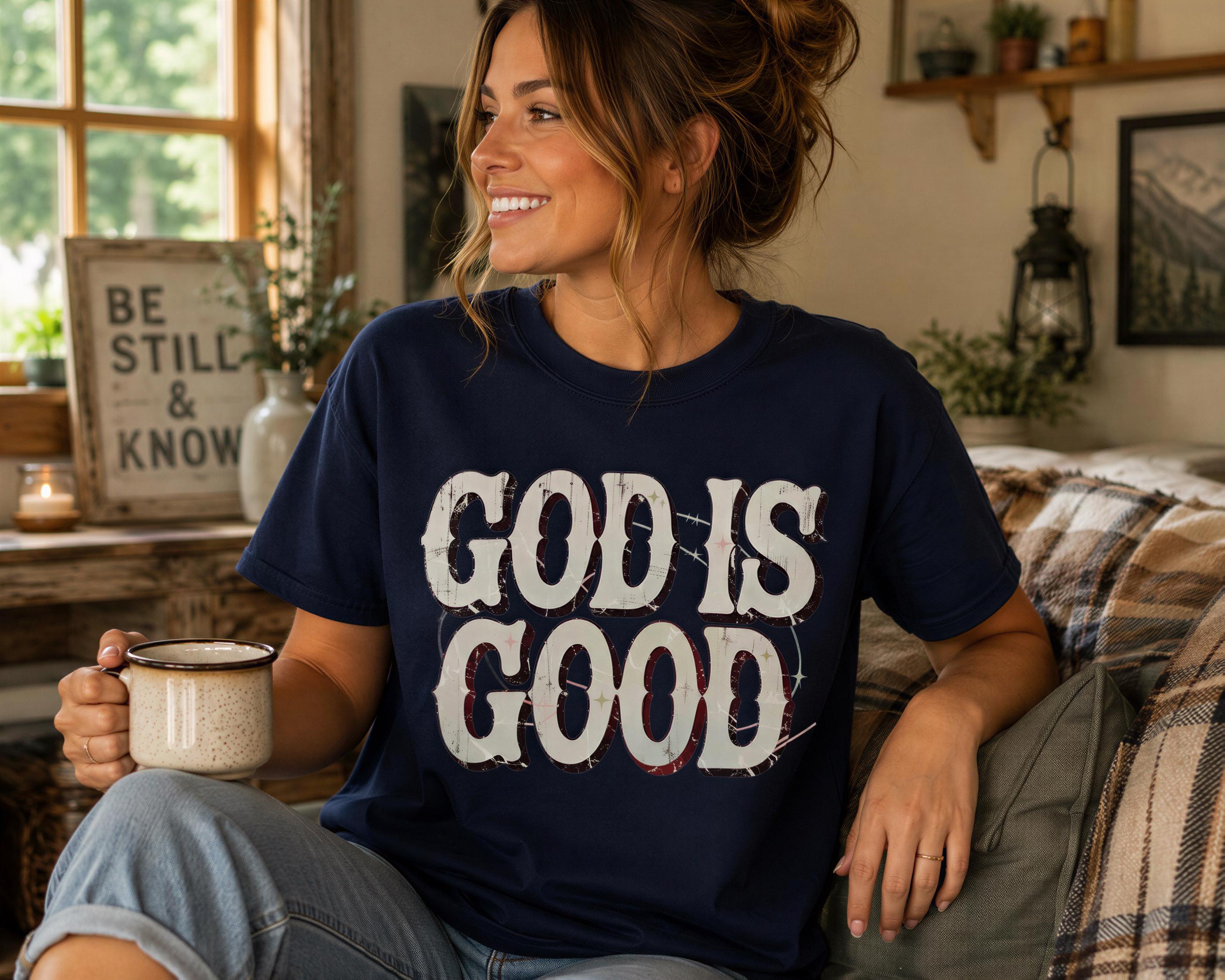 A woman wearing a blue t-shirt with the text "GOOD IS GOD" is sitting on a couch, smiling and holding a mug.