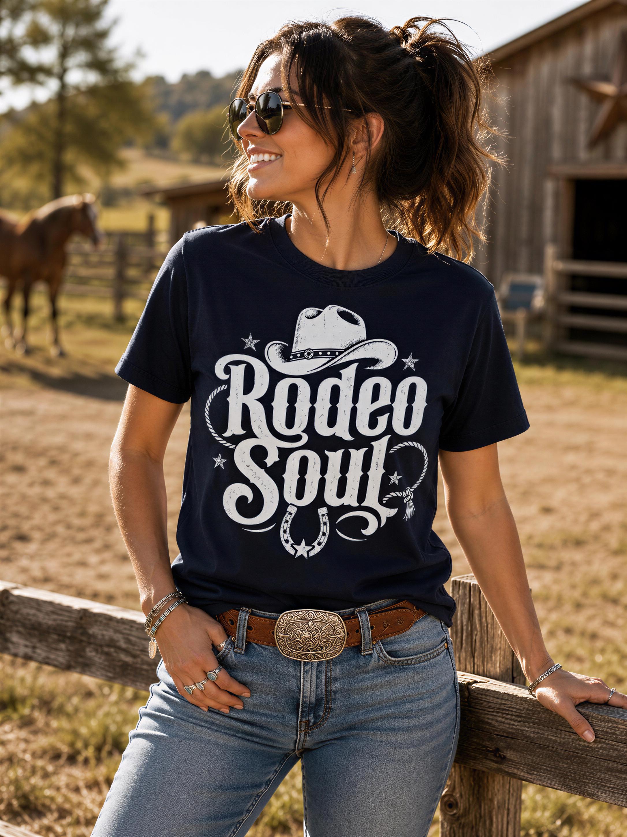 A woman wearing sunglasses and a t-shirt with the text "Rodeo Soul" stands in front of a wooden fence, with a horse visible in the background.