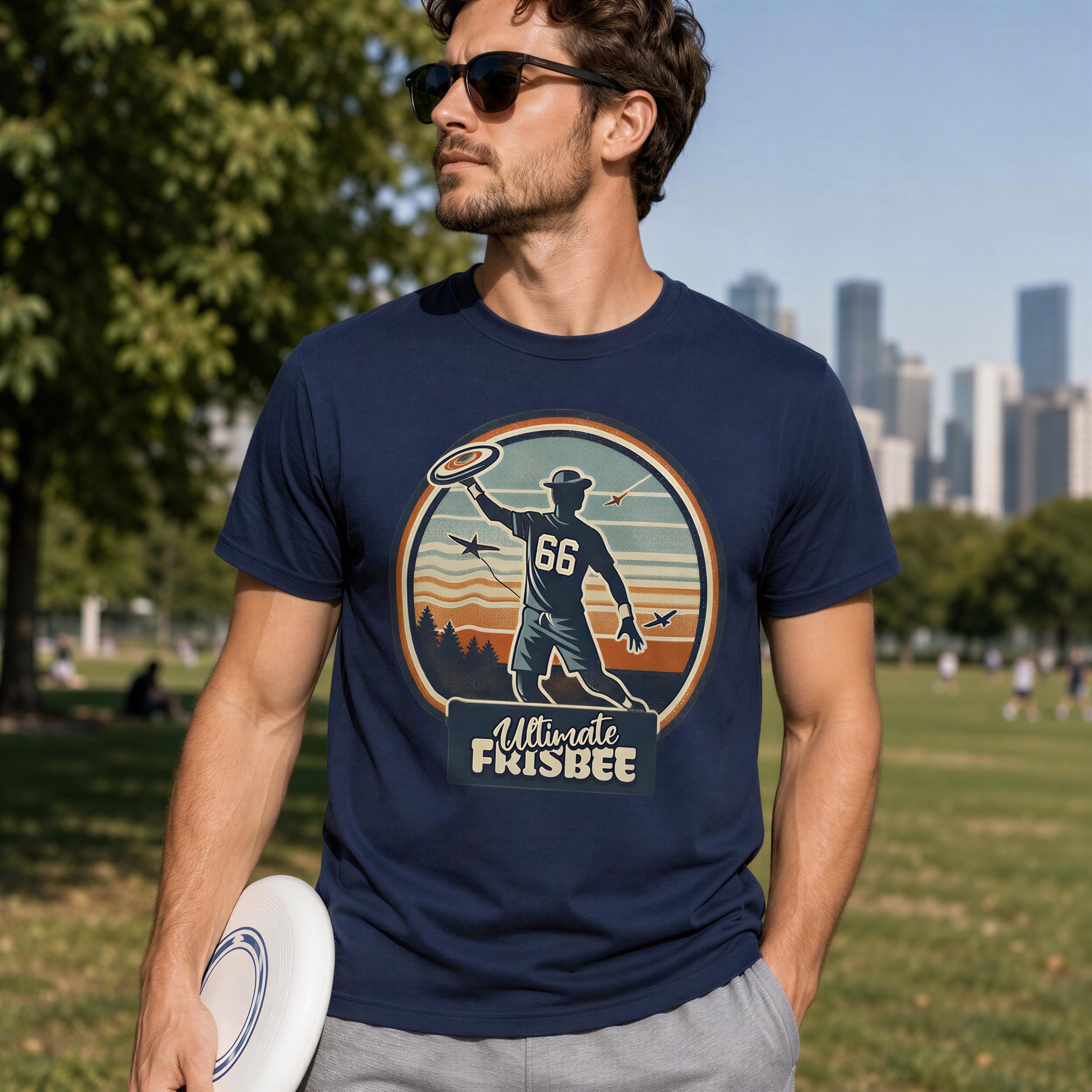 A man wearing a navy blue t-shirt with a graphic of a frisbee player and the text "Ultimate Frisbee" is standing in a park with a city skyline in the background.
