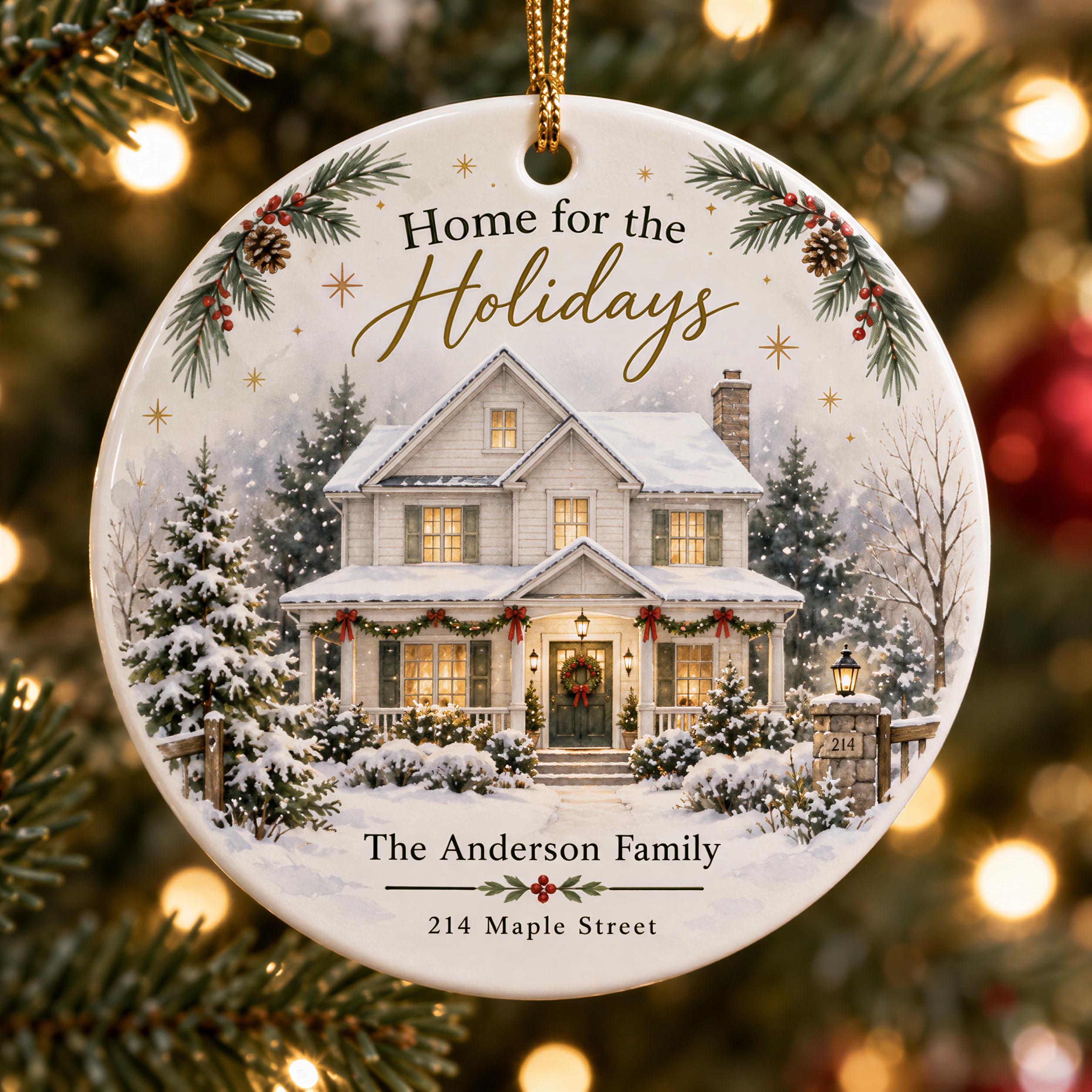A white ornament with a winter scene depicting a house surrounded by snow and trees, with the text "Home for the Holidays" and "The Anderson Family" printed on it.