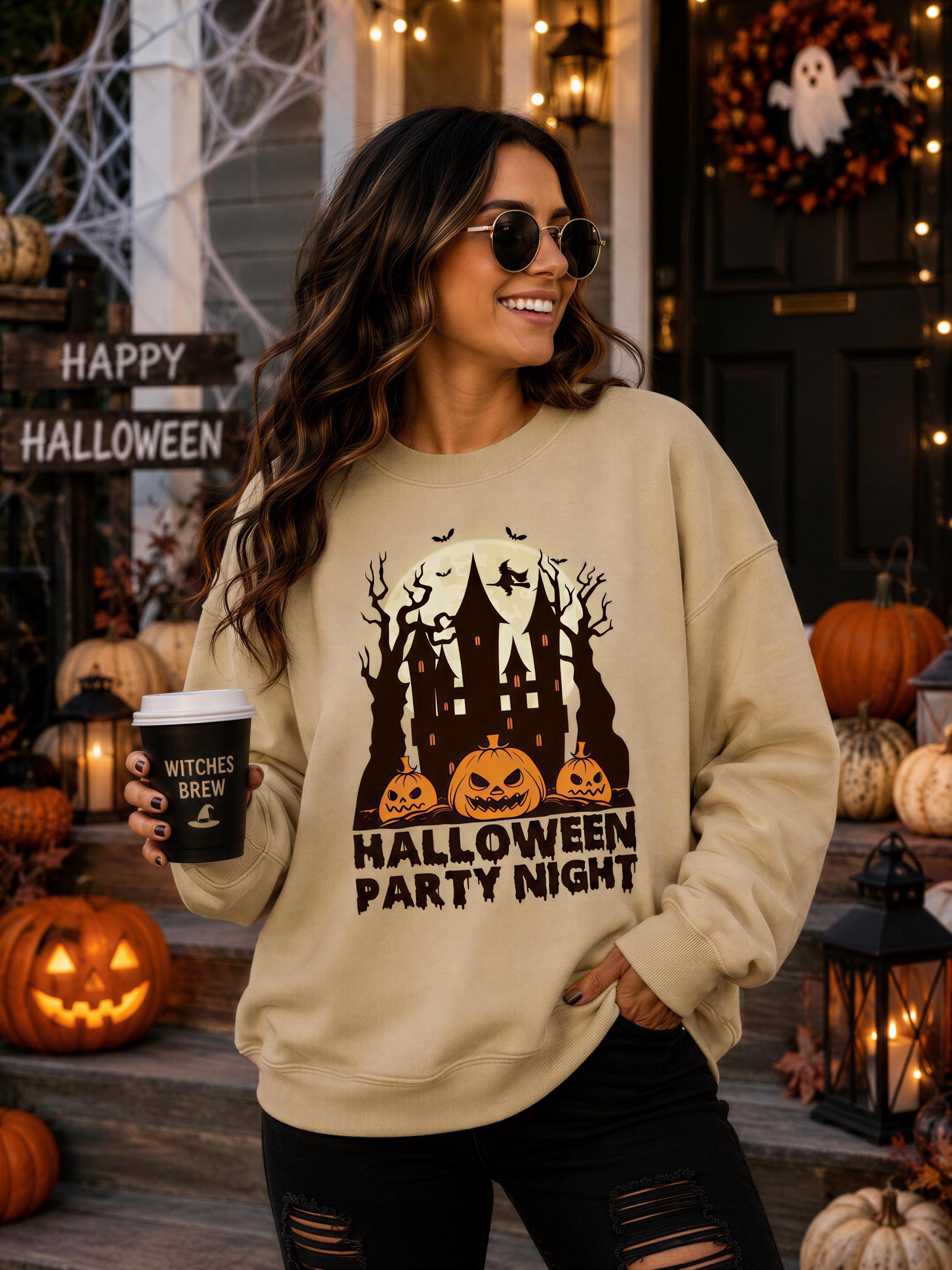 A woman wearing a beige sweatshirt with a Halloween-themed design stands in front of a house decorated for Halloween, holding a coffee cup and smiling.