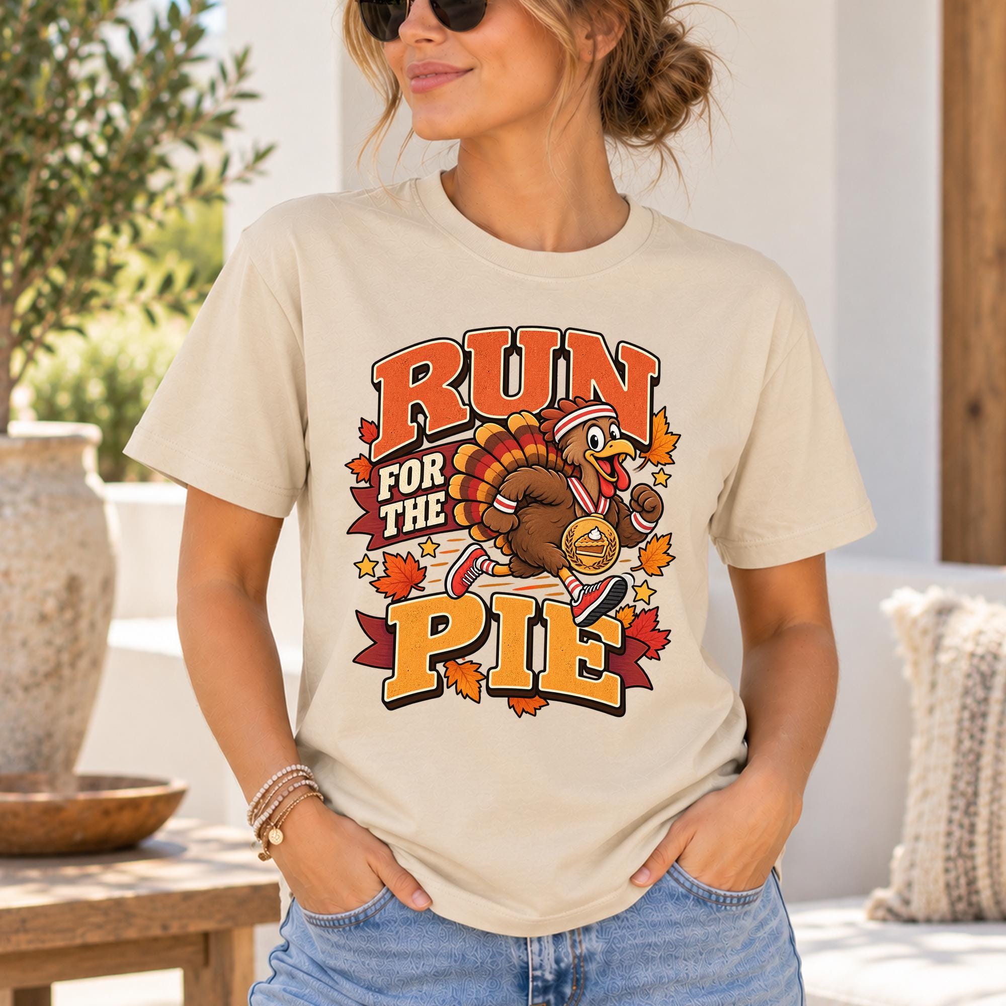 A woman wearing a t-shirt with a graphic of a turkey running with the text "RUN FOR THE PIE" printed on it.