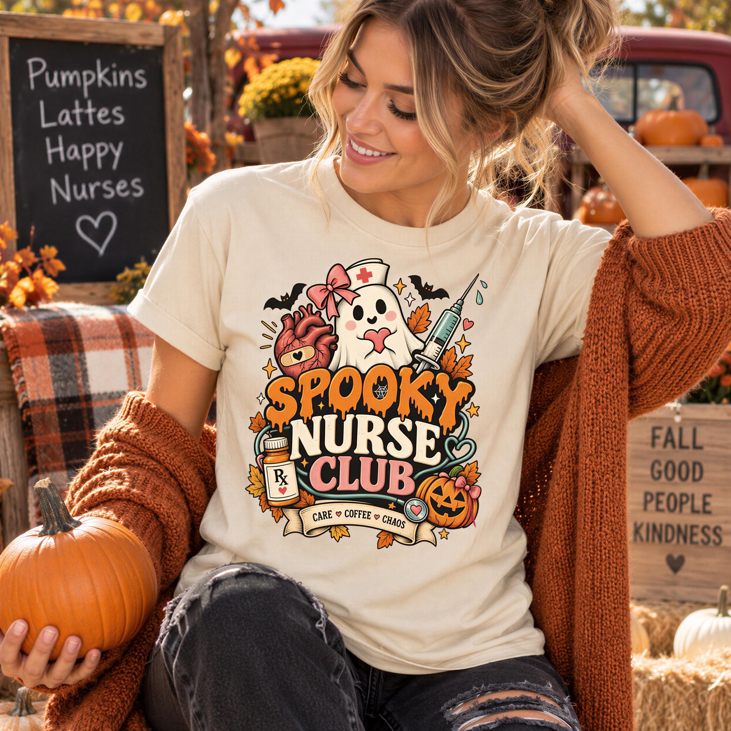 A woman wearing a white t-shirt with a Halloween-themed design, including a ghost, nurse, and pumpkins, is sitting in front of a chalkboard sign that says "Pumpkins lattes happy nurses".