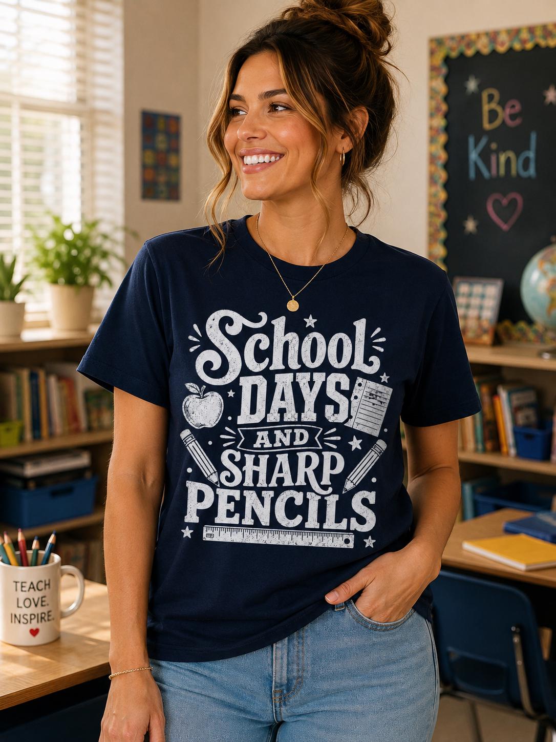 A woman wearing a navy blue t-shirt with white text and graphics stands in a classroom setting, smiling and looking to the side.