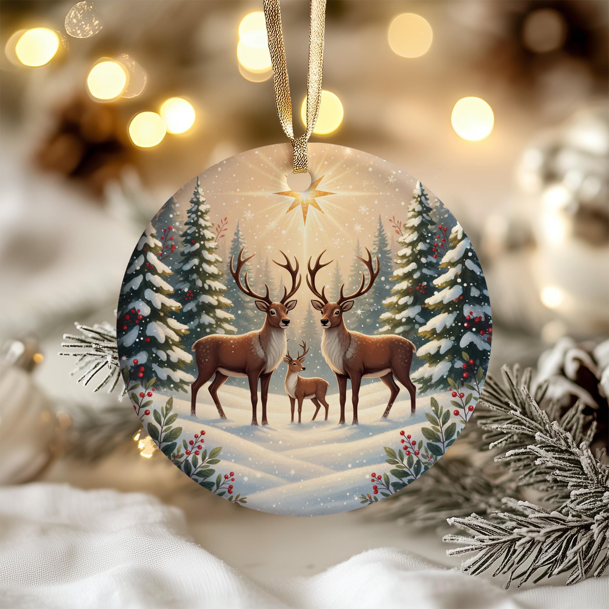 A round ornament featuring two deer standing in a snowy forest, with a star shining above them, surrounded by pine trees and red berries.