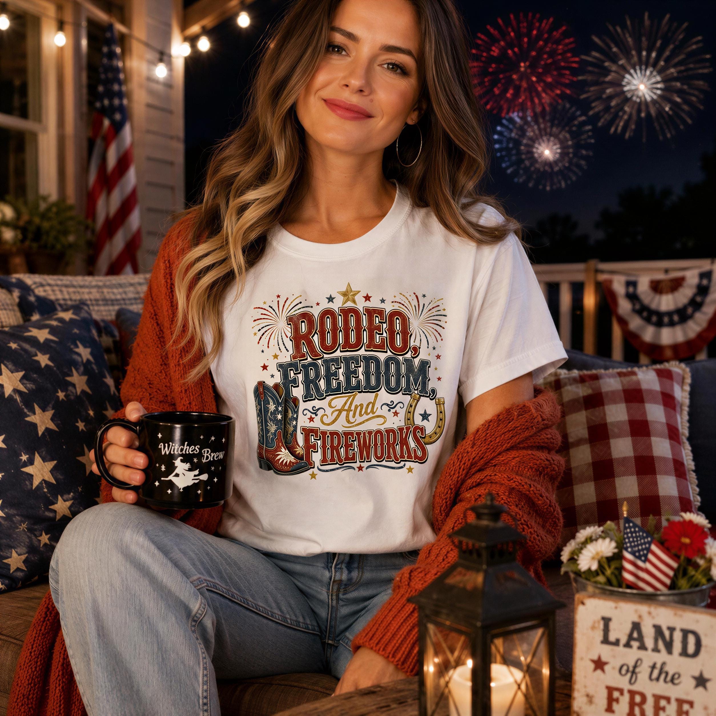 A woman wearing a white t-shirt with a graphic design and holding a mug is sitting on a couch with a patriotic background featuring fireworks and American flags.