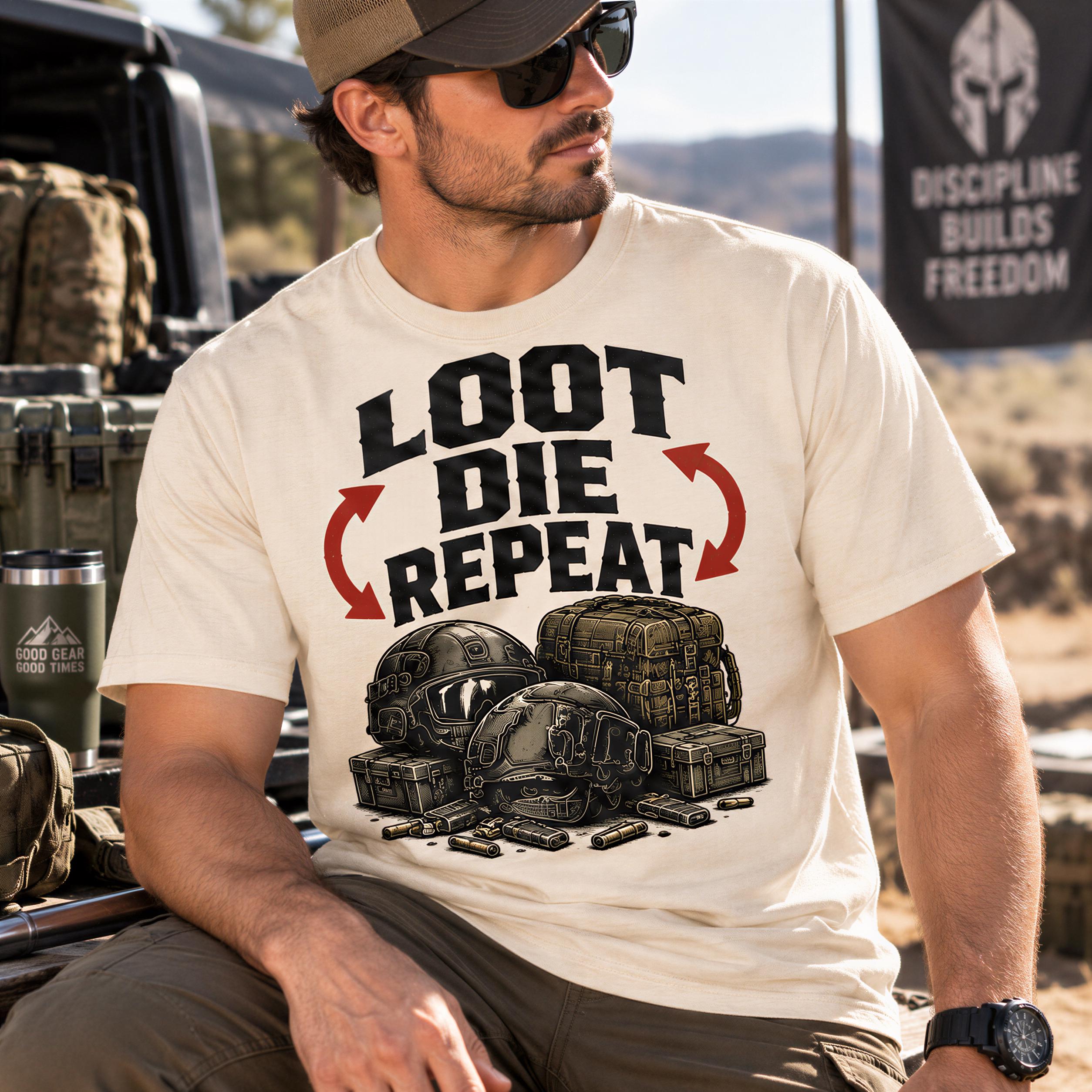 A man wearing a t-shirt with a graphic design of military equipment and the text "LOT DIE REPEAT" is sitting in a desert-like environment.