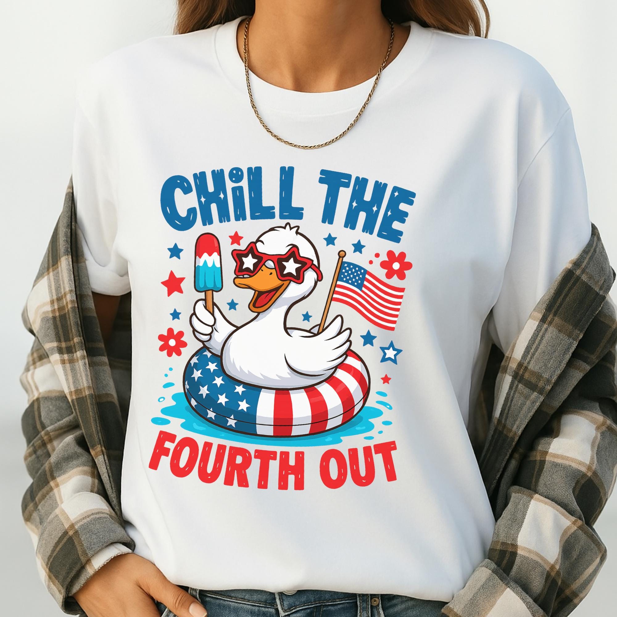 A white t-shirt with a graphic design featuring a cartoon duck holding an American flag and ice cream, along with the text "Chill the Fourth Out".