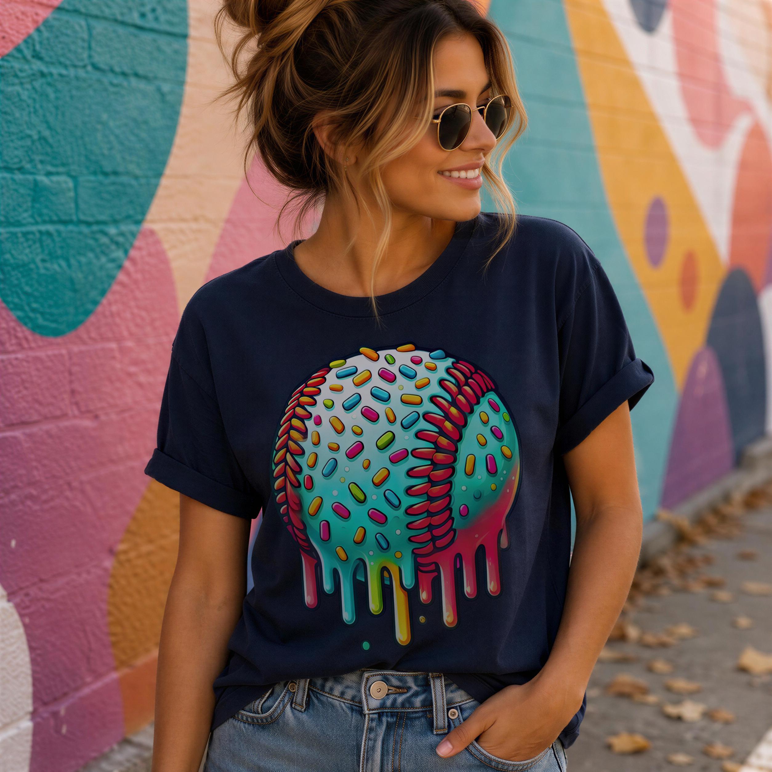 A woman wearing a navy blue t-shirt with a colorful graphic of a melting ice cream cone, smiling and looking to the side.