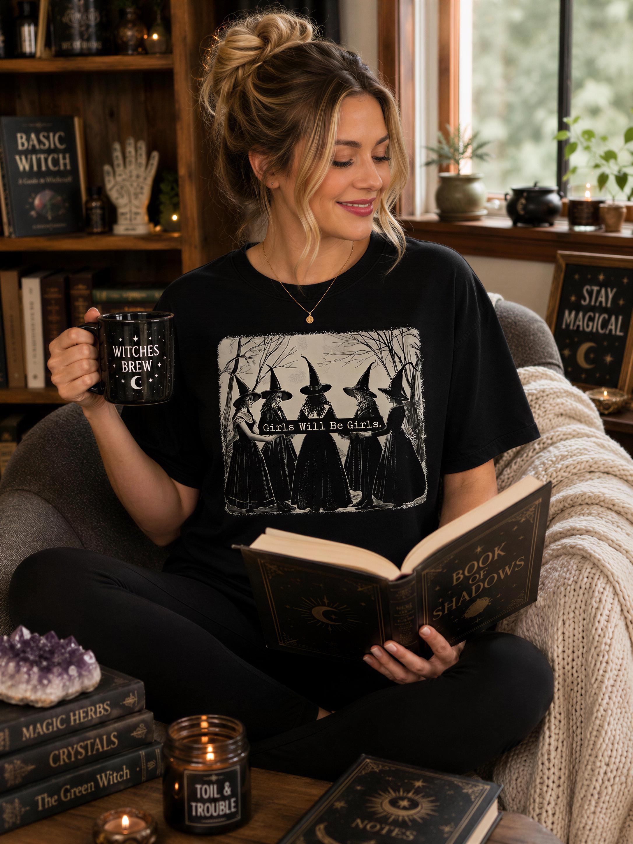 A woman is sitting on a couch, reading a book and holding a mug with the text "WITCHES WILL BE GIRLS WILL BE GIRLS" printed on it. She is surrounded by various books and candles, creating a cozy and mystical atmosphere.