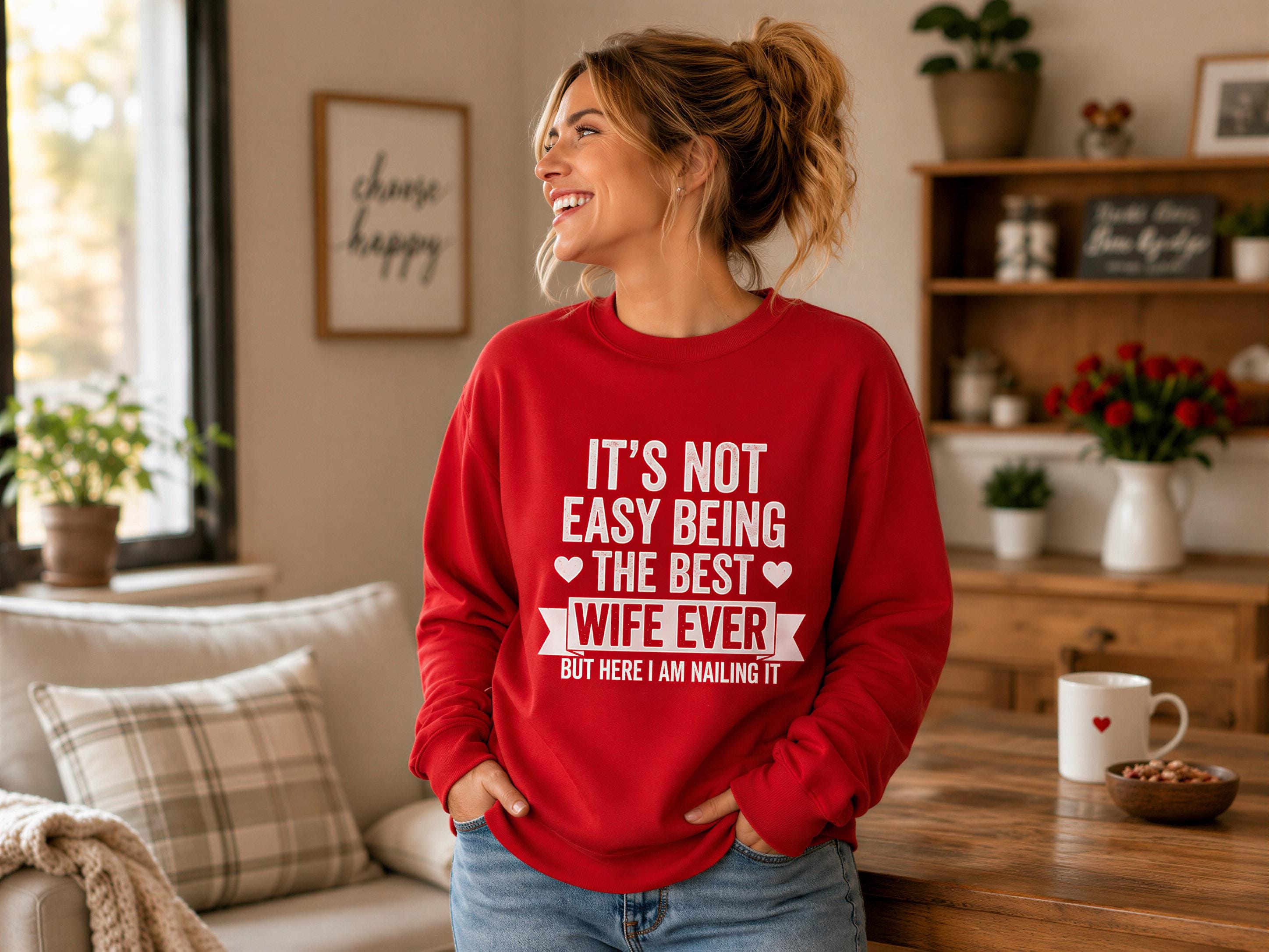 A woman wearing a red sweatshirt with a humorous text stands in a cozy living room, smiling and looking to the side.