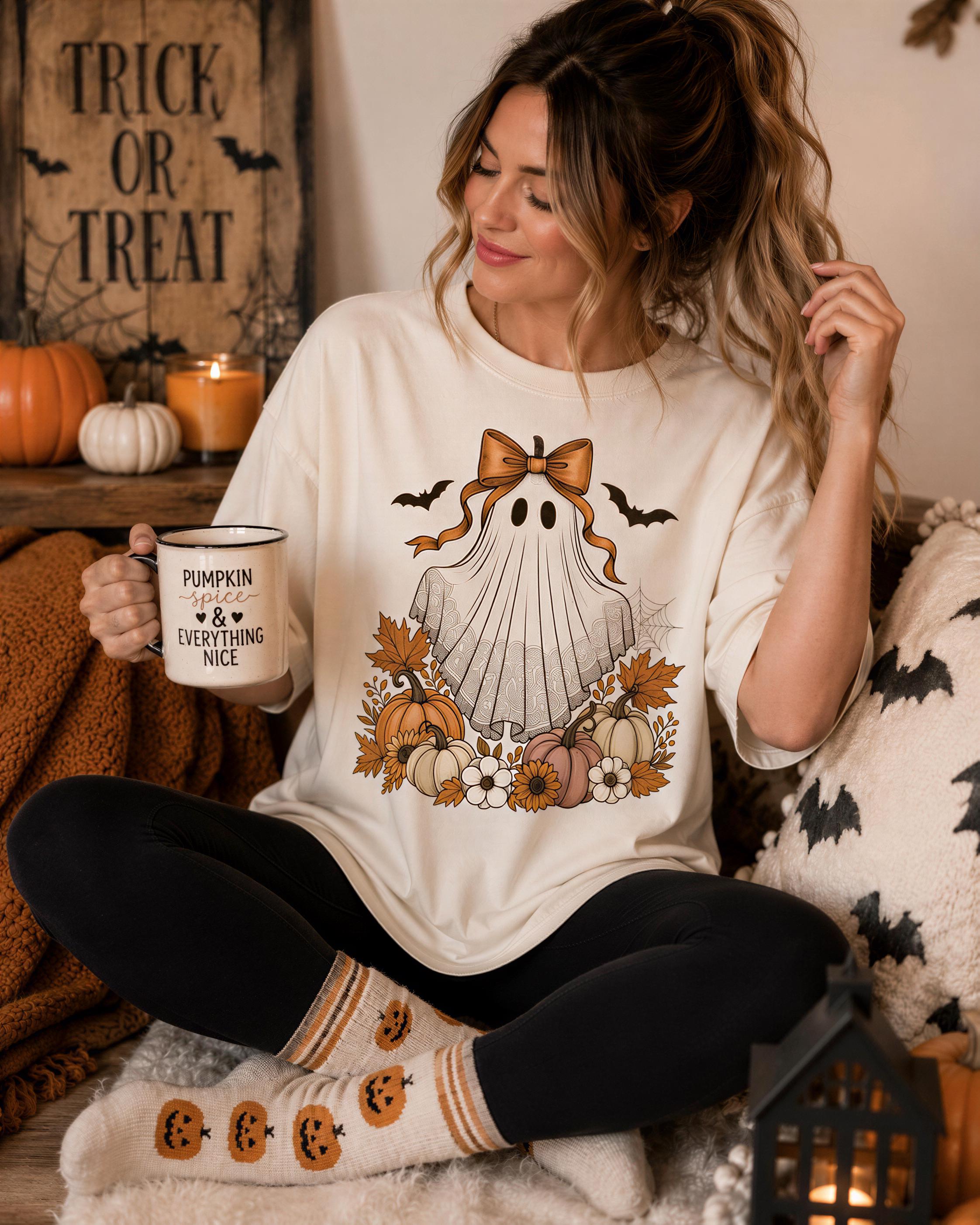 A woman sitting on a couch, wearing a Halloween-themed t-shirt and holding a mug with a pumpkin and spider design.