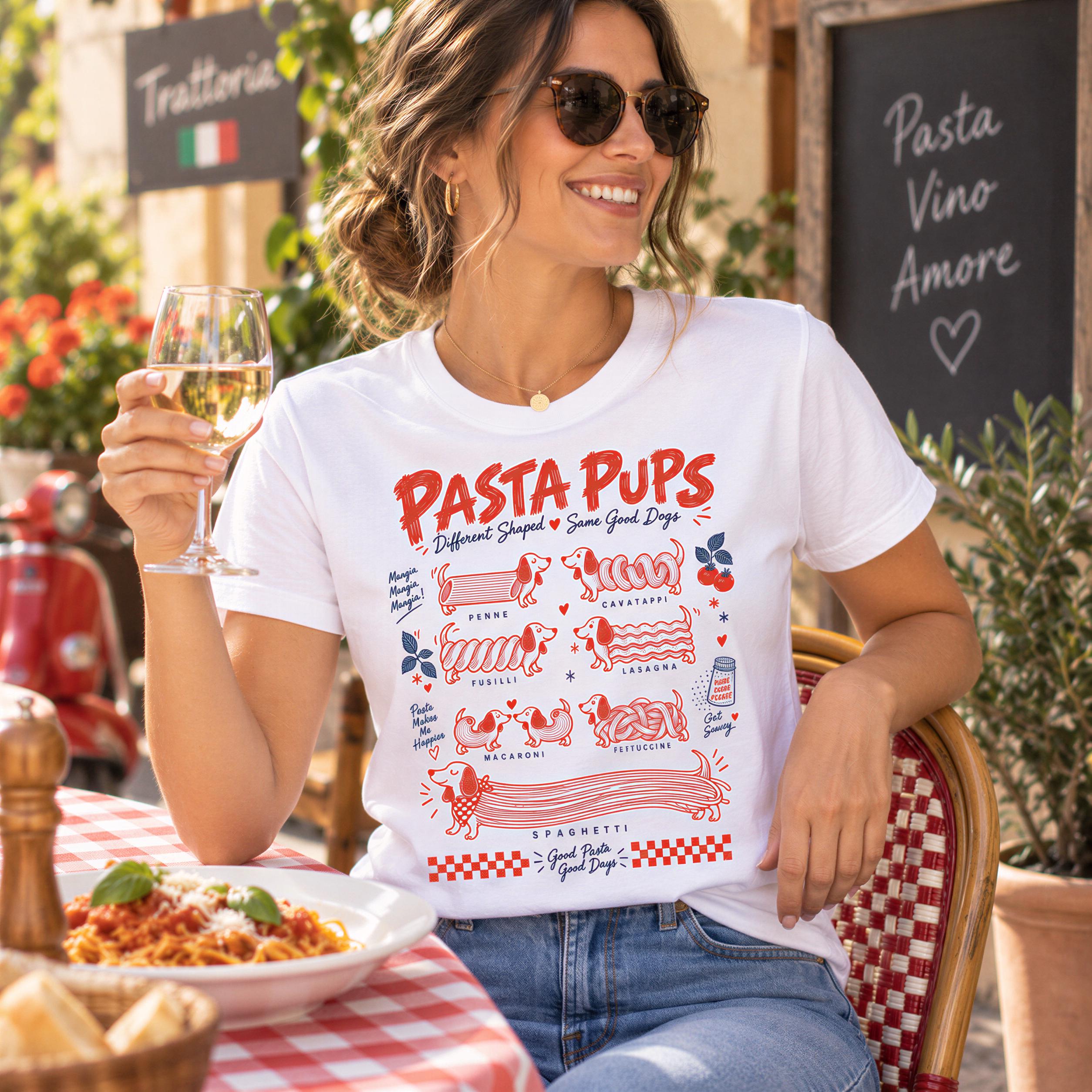 A woman wearing a white t-shirt with a graphic design of pasta and dogs is sitting at a table with a glass of wine in front of her.