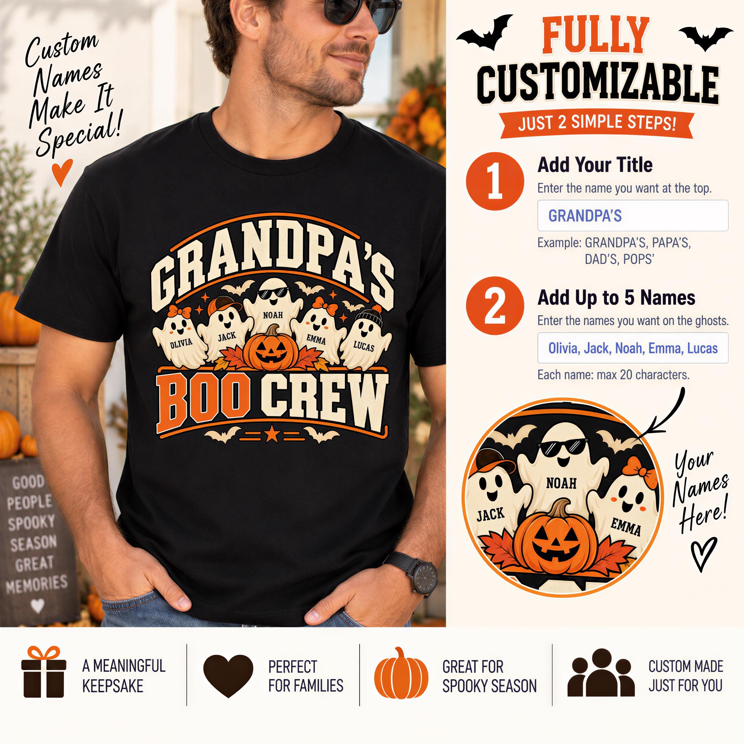 The image is a promotional graphic for a custom t-shirt design featuring a black t-shirt with a Halloween-themed design, including a group of ghostly figures and a jack-o-lantern. The design is accompanied by text that provides step-by-step instructions for creating a custom t-shirt, including adding a title, names, and a personalized message.