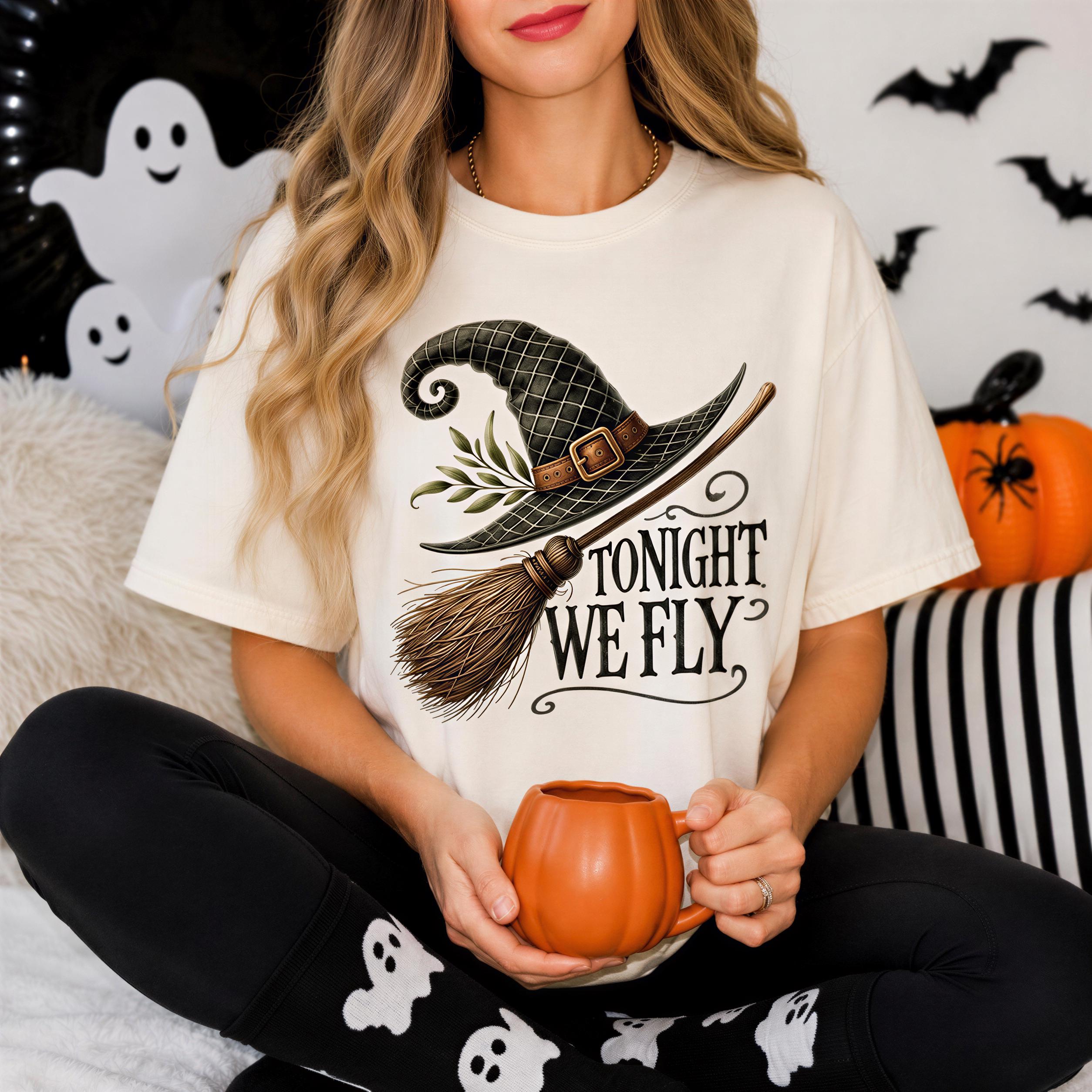 A woman wearing a white t-shirt with a witch's hat and the text " Tonight we fly" is sitting on a bed with Halloween decorations in the background. She is holding a small orange mug.