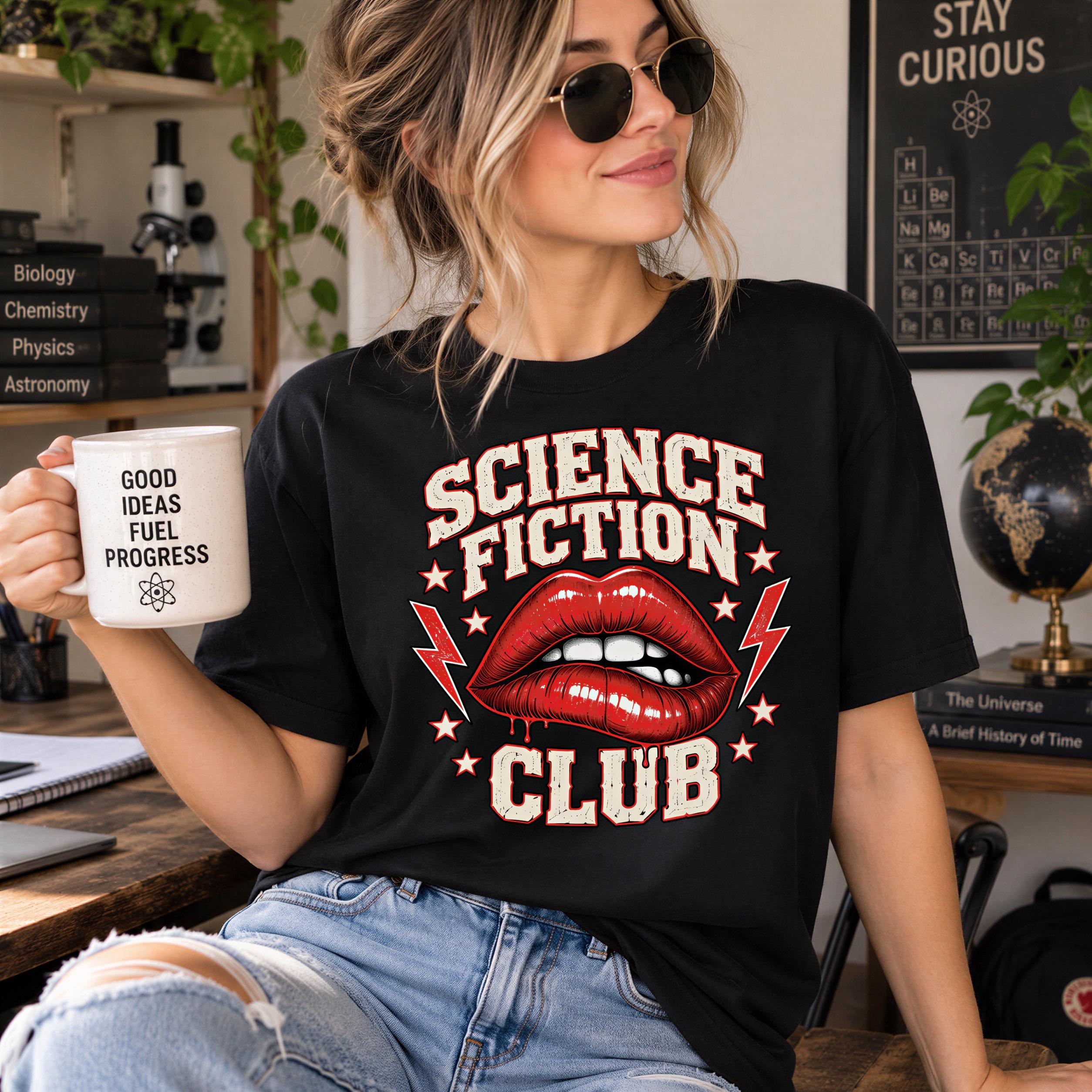 A woman wearing a black t-shirt with a graphic design and holding a coffee mug, sitting in a room with a plant and a periodic table poster visible in the background.