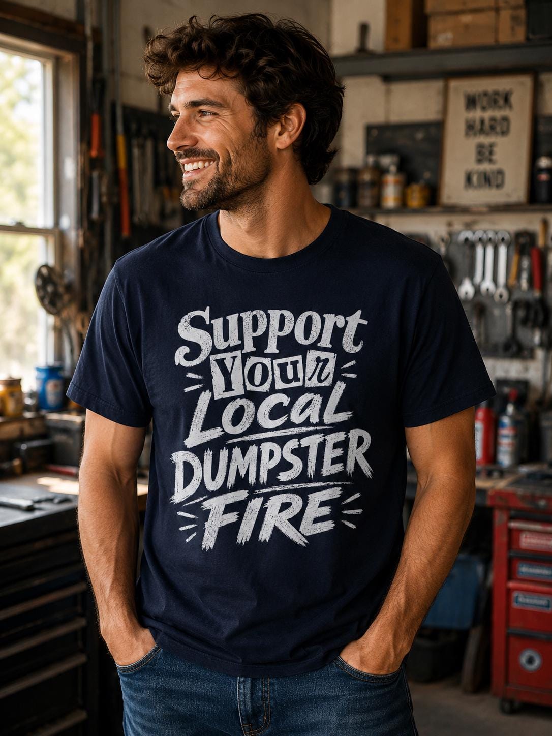 A man wearing a navy blue t-shirt with white text that says "Support Your Local Dumpster Fire" is smiling and looking to the side.