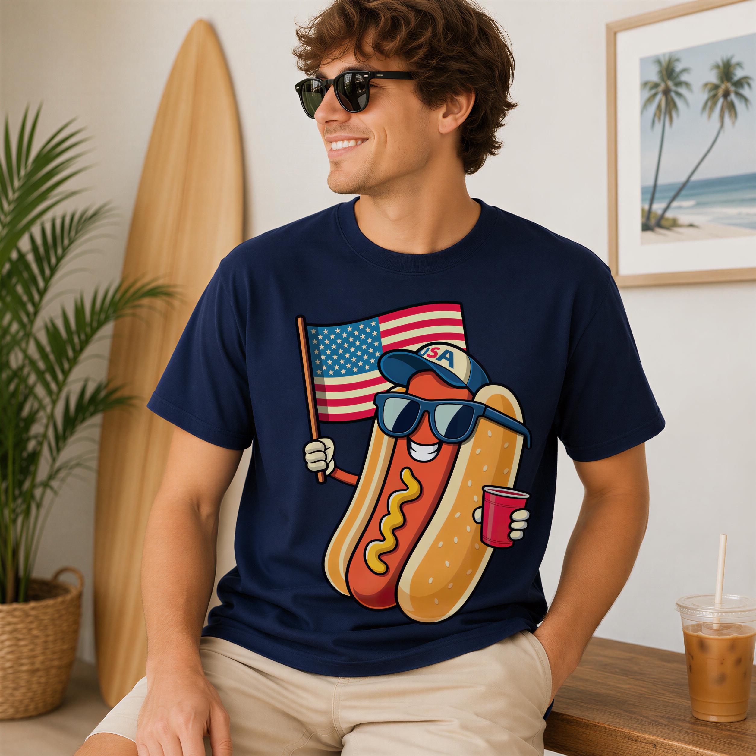 A man wearing a navy blue t-shirt with a cartoon hot dog holding an American flag and sunglasses is sitting in a room with a surfboard and a picture of a beach in the background.