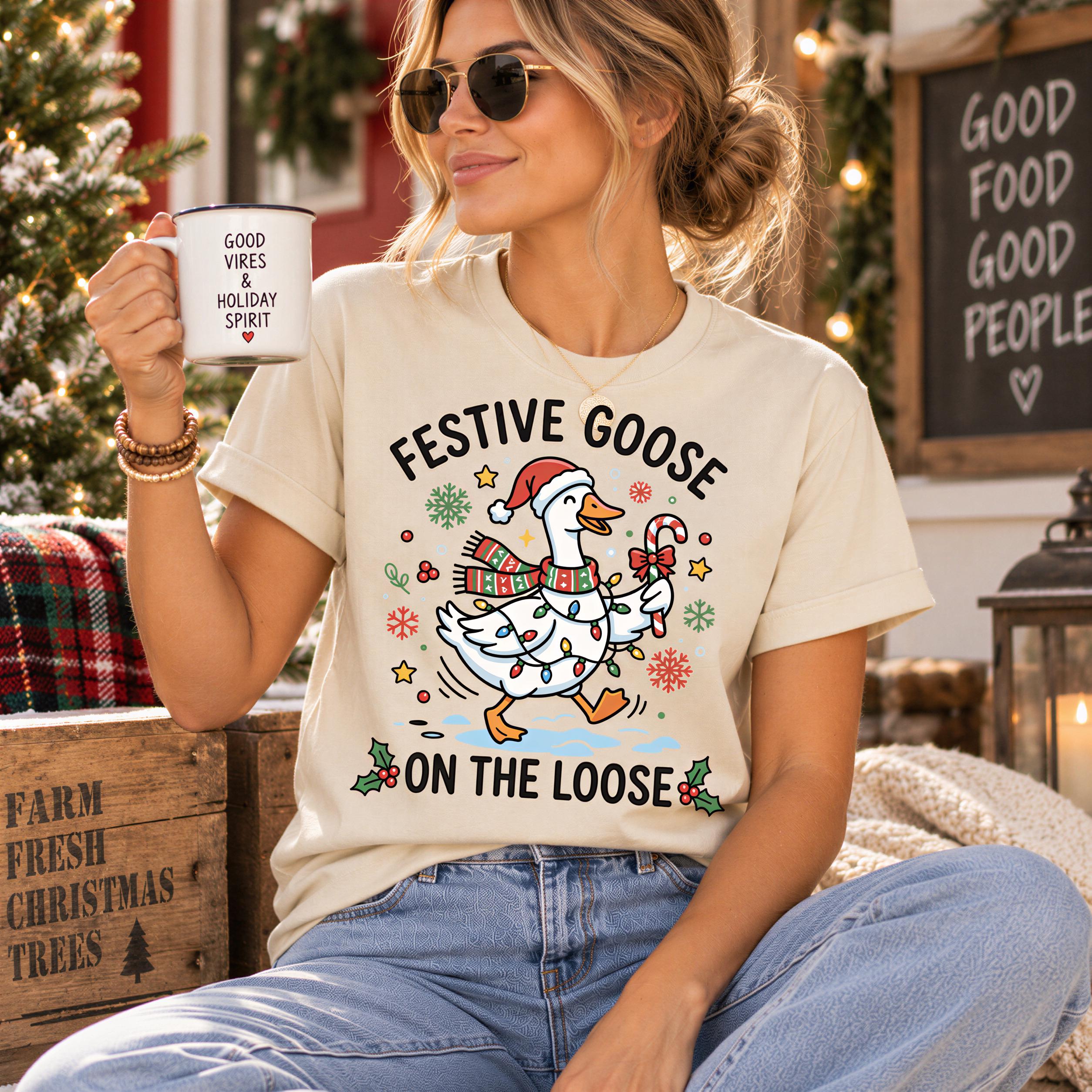 A woman wearing sunglasses and a festive goose t-shirt is sitting on a bench, holding a mug with the text "GOOD VIBES HOLIDAY SPIRIT" printed on it.