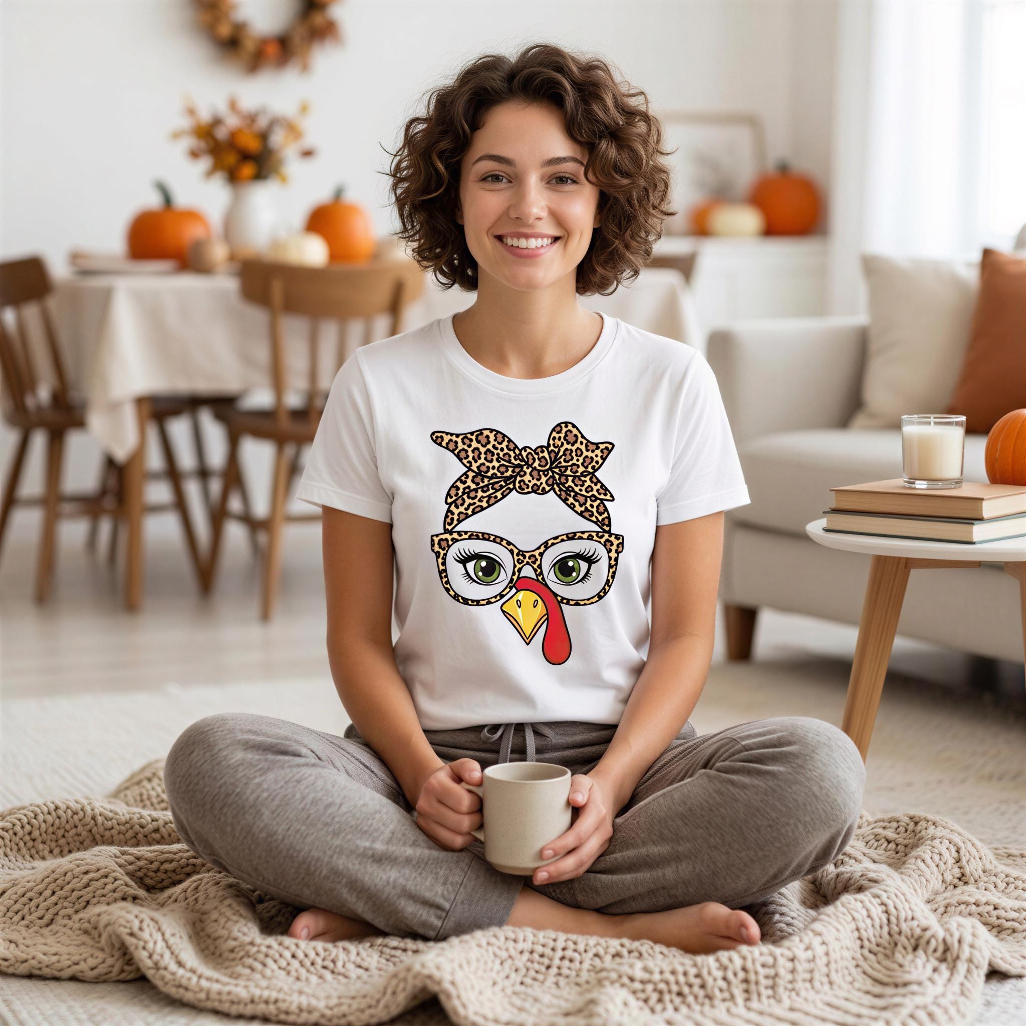 A woman wearing a white t-shirt with a leopard print design and glasses sits on the floor, holding a coffee mug and smiling.