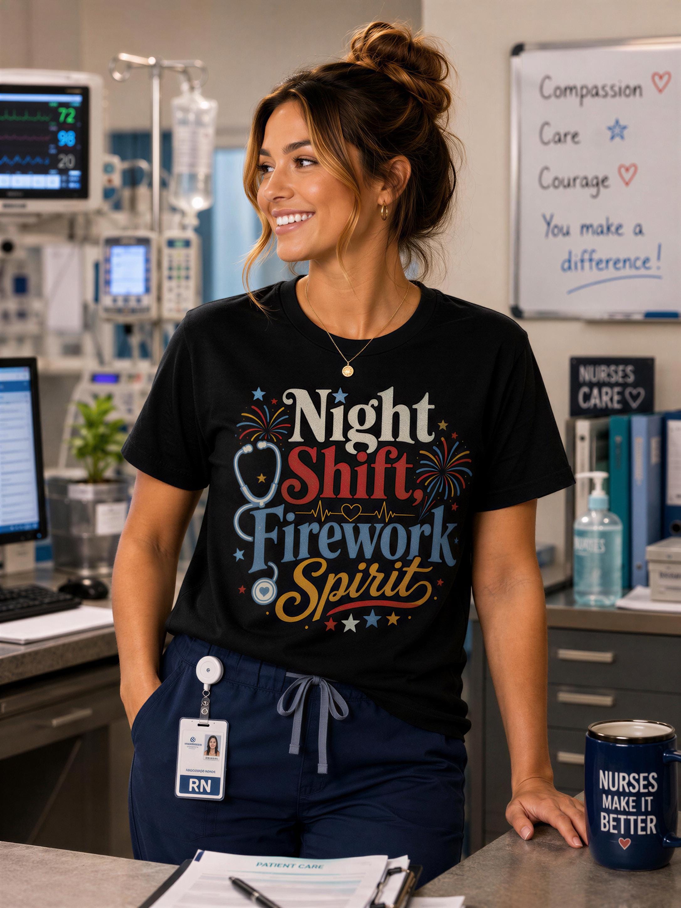 A smiling woman wearing a black t-shirt with a colorful design stands in a medical setting, surrounded by medical equipment and supplies.
