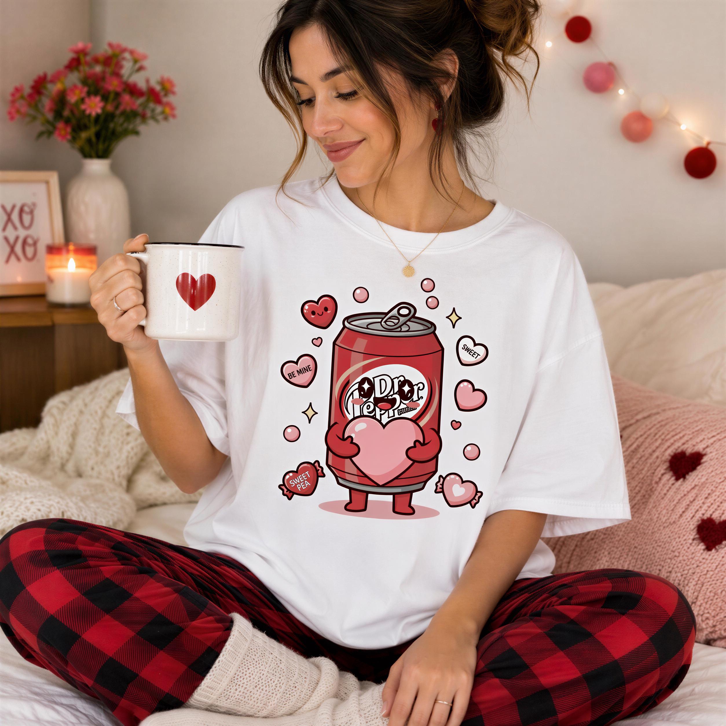 A woman wearing a white t-shirt with a graphic of a can of soda and hearts is sitting on a bed, holding a mug.