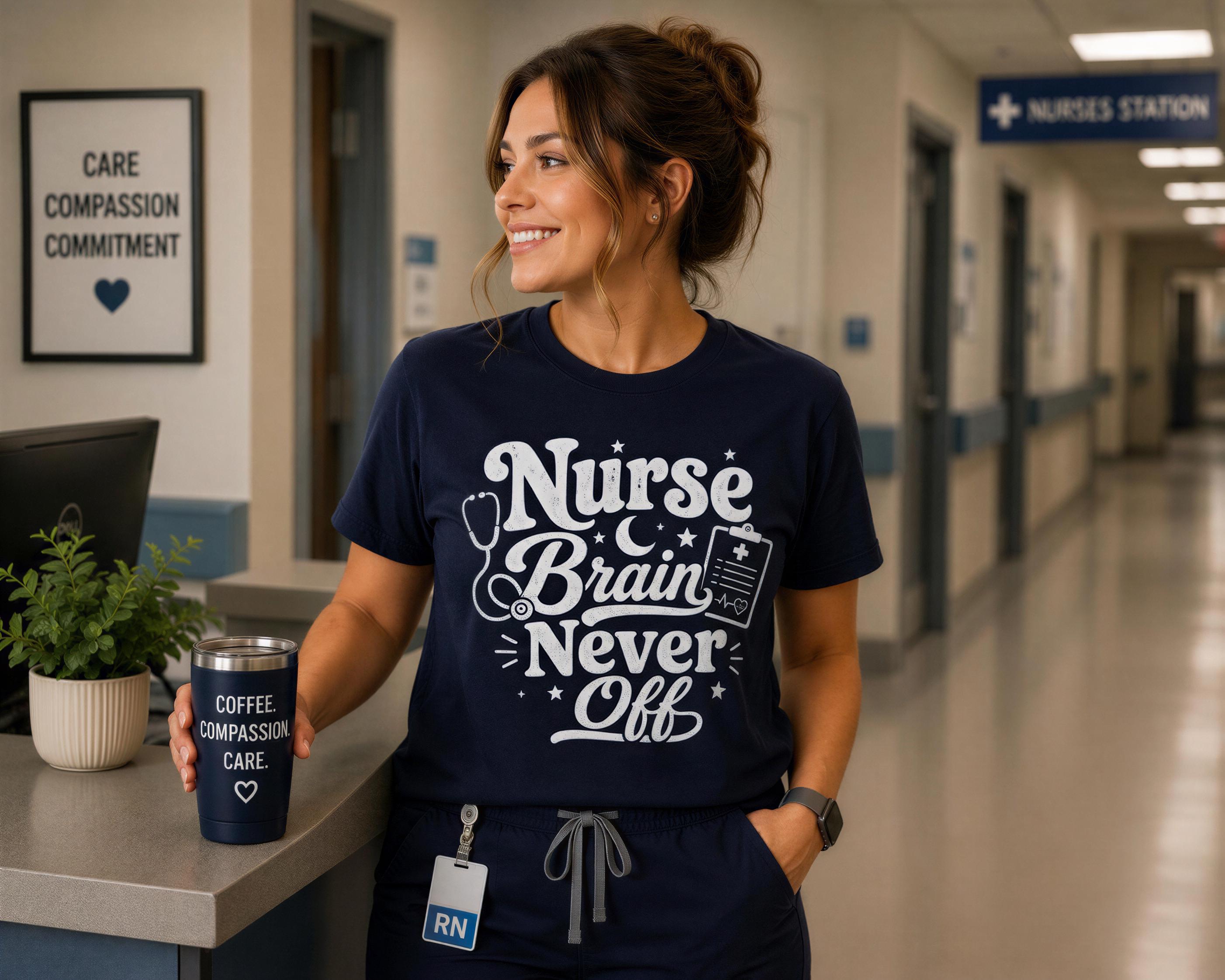 A woman wearing a blue t-shirt with a humorous text and a stethoscope design stands in a hospital hallway, holding a coffee cup with a heart and the text "Care, Compassion, Commitment" on it.