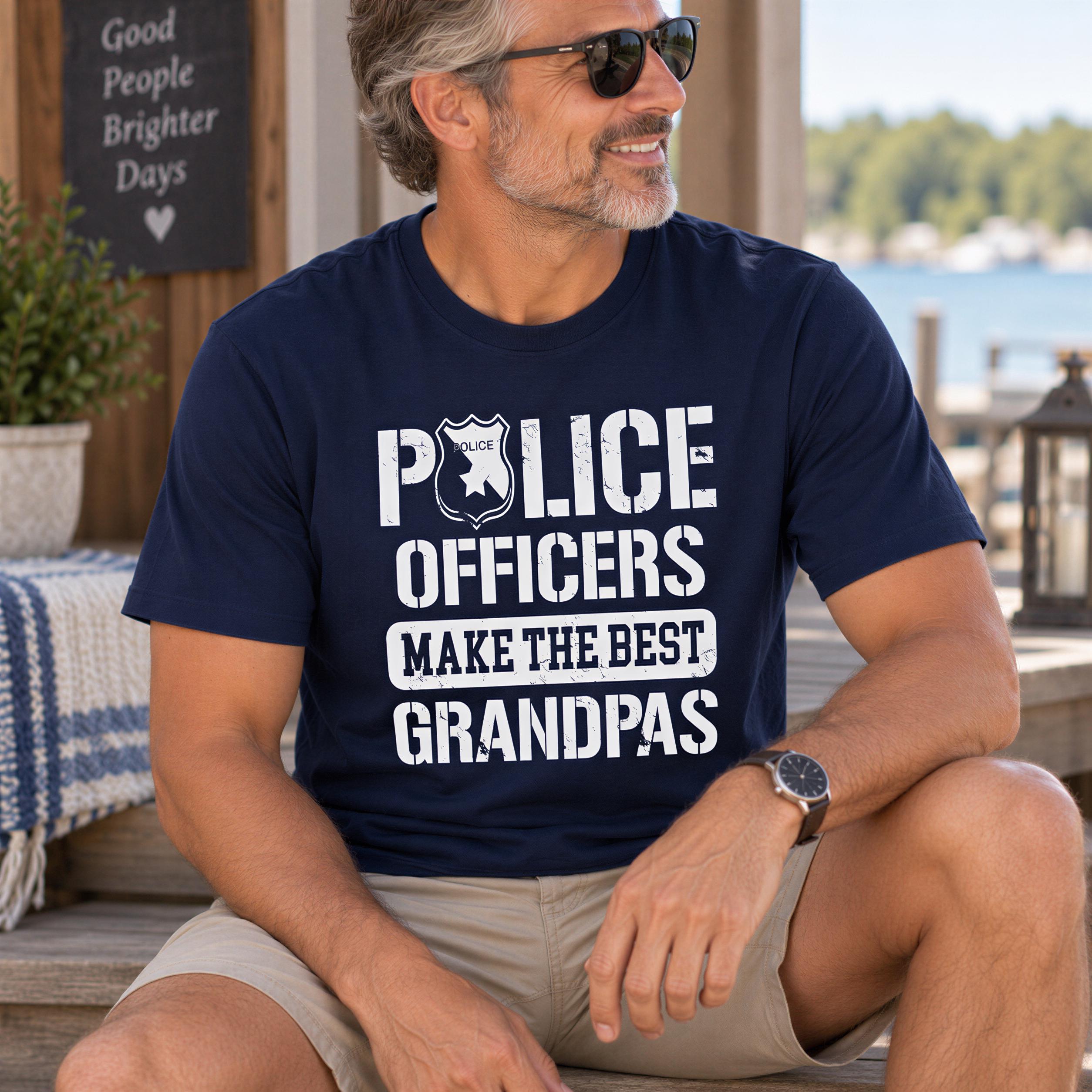 A man wearing a navy blue t-shirt with white text and a police badge, sitting on a bench and smiling.