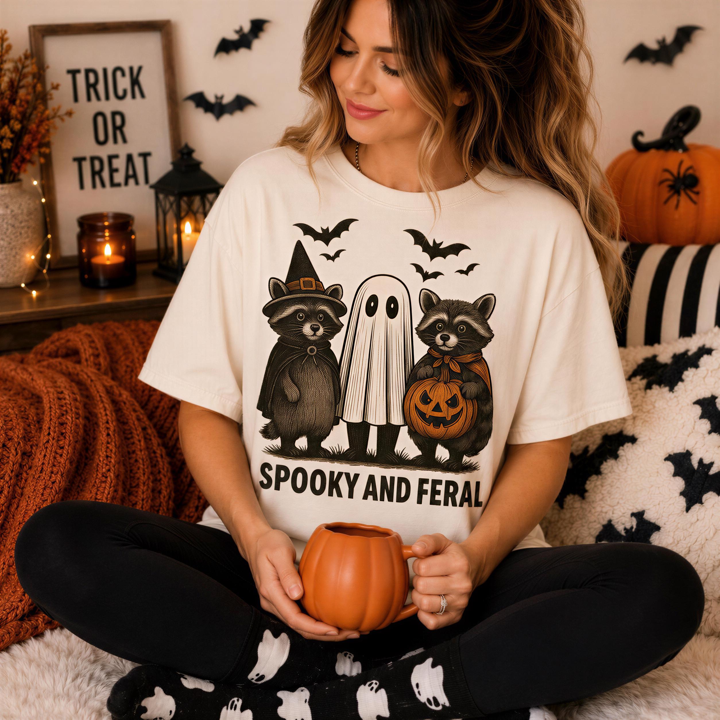 A woman wearing a Halloween-themed t-shirt sits on a couch, holding a pumpkin-shaped mug and surrounded by Halloween decorations.