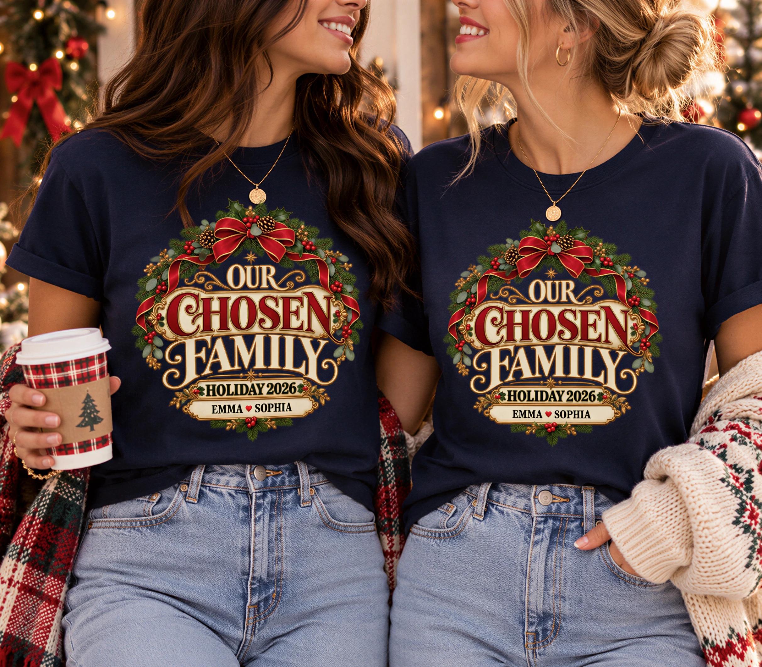 Two women wearing matching t-shirts with a festive holiday design stand together, smiling and holding a coffee cup.