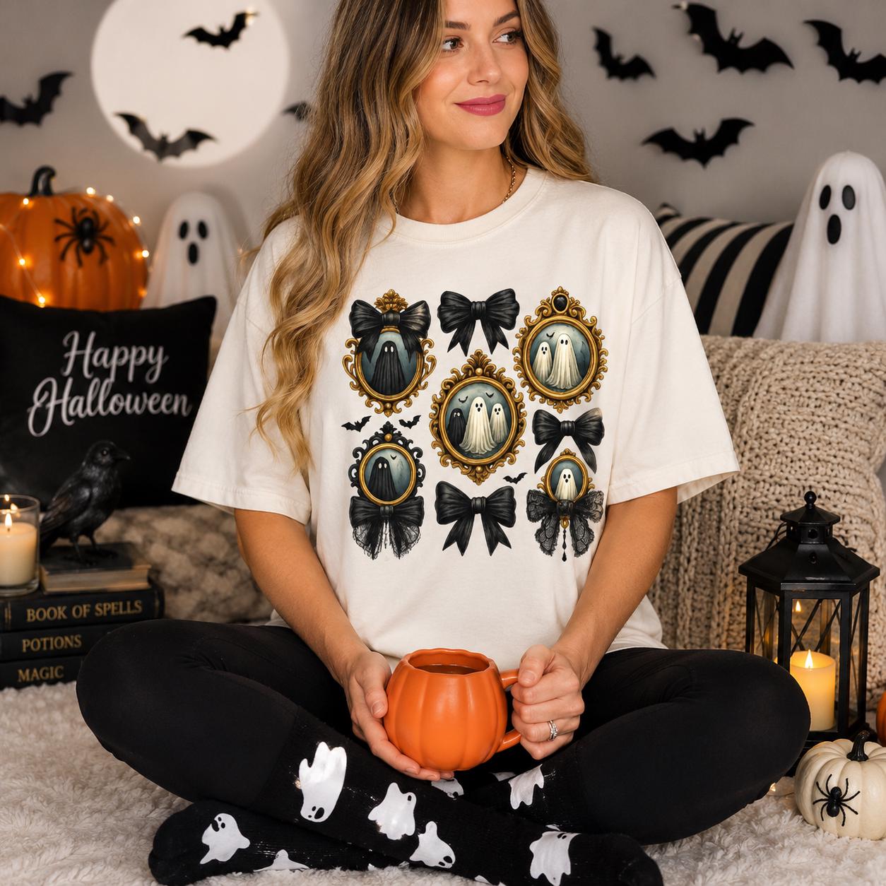 A woman sitting on the floor, wearing a white t-shirt with a Halloween-themed design, holding a pumpkin-shaped mug. The room is decorated with Halloween-themed items, including ghost decorations, a lantern, and a "Happy Halloween" pillow.