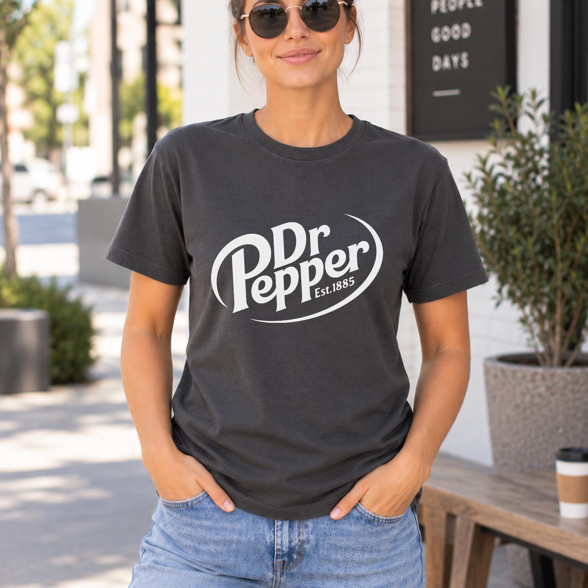 A woman wearing a black t-shirt with a white logo stands in front of a building with a sign that says "People Good Days".