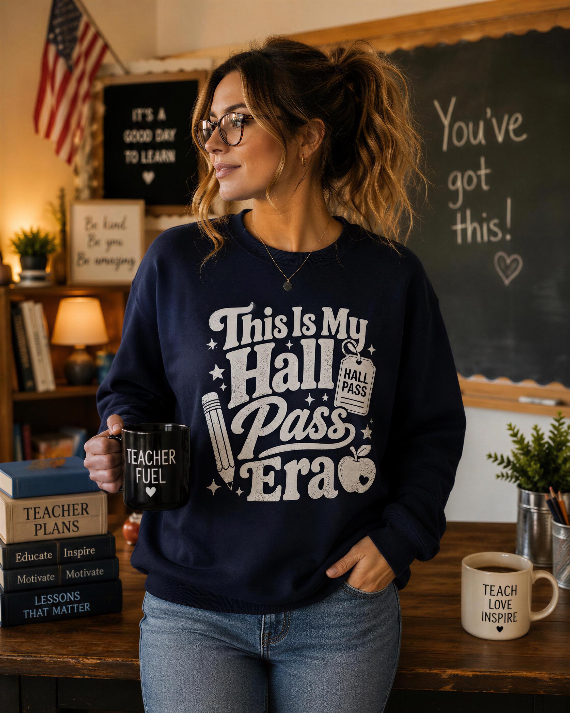A woman wearing a navy blue sweatshirt with a white graphic design stands in a classroom setting, holding a black mug with the text "Teacher Fuel" and a white mug with the text "Teach Love Inspire".