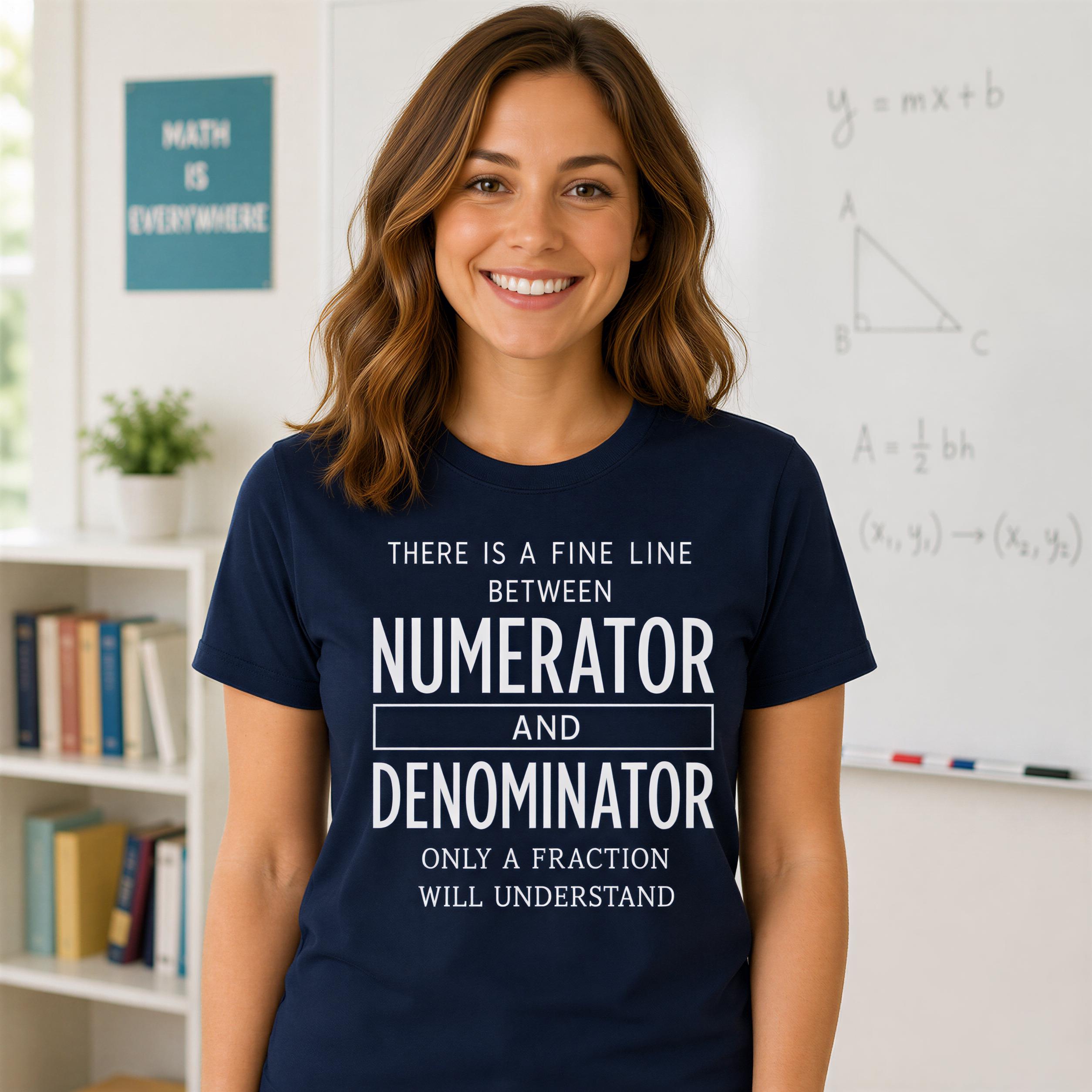 A woman wearing a navy blue t-shirt with a humorous mathematical pun, smiling in front of a whiteboard with mathematical equations.