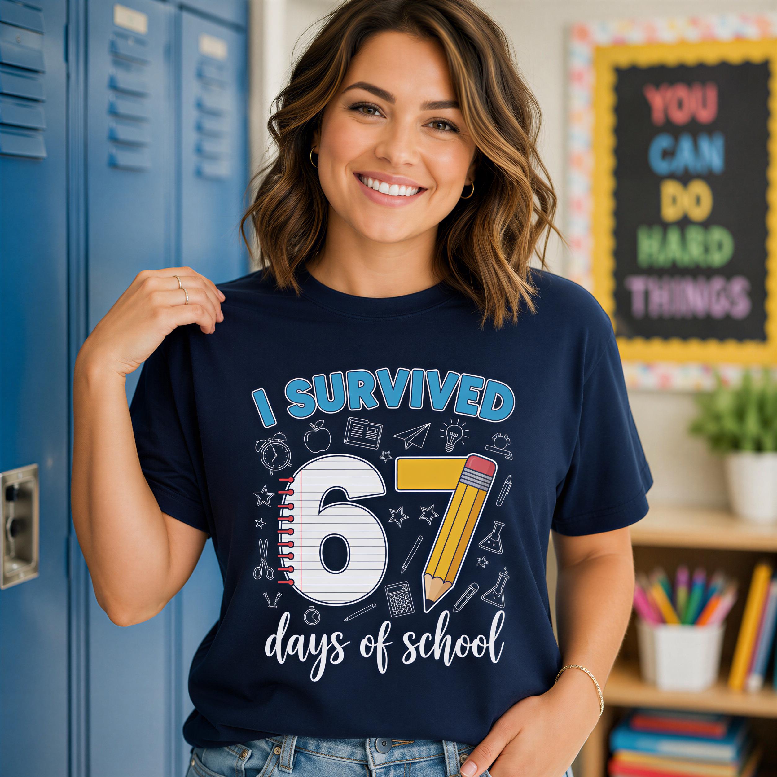A smiling woman wearing a navy blue t-shirt with a graphic design that says "I Survived 67 days of school".