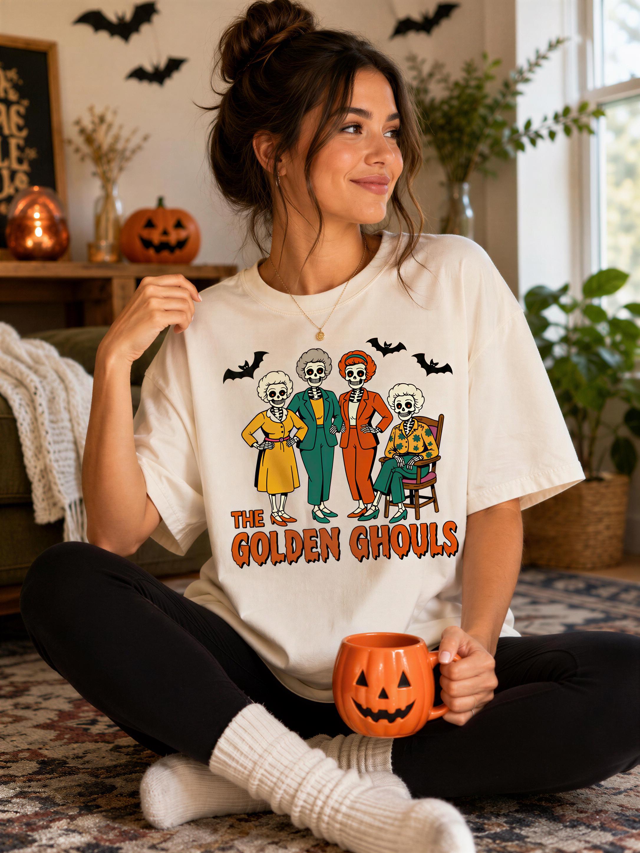 A woman wearing a white t-shirt with a graphic of the Golden Ghouls cartoon characters is sitting on the floor, holding a pumpkin-shaped mug.