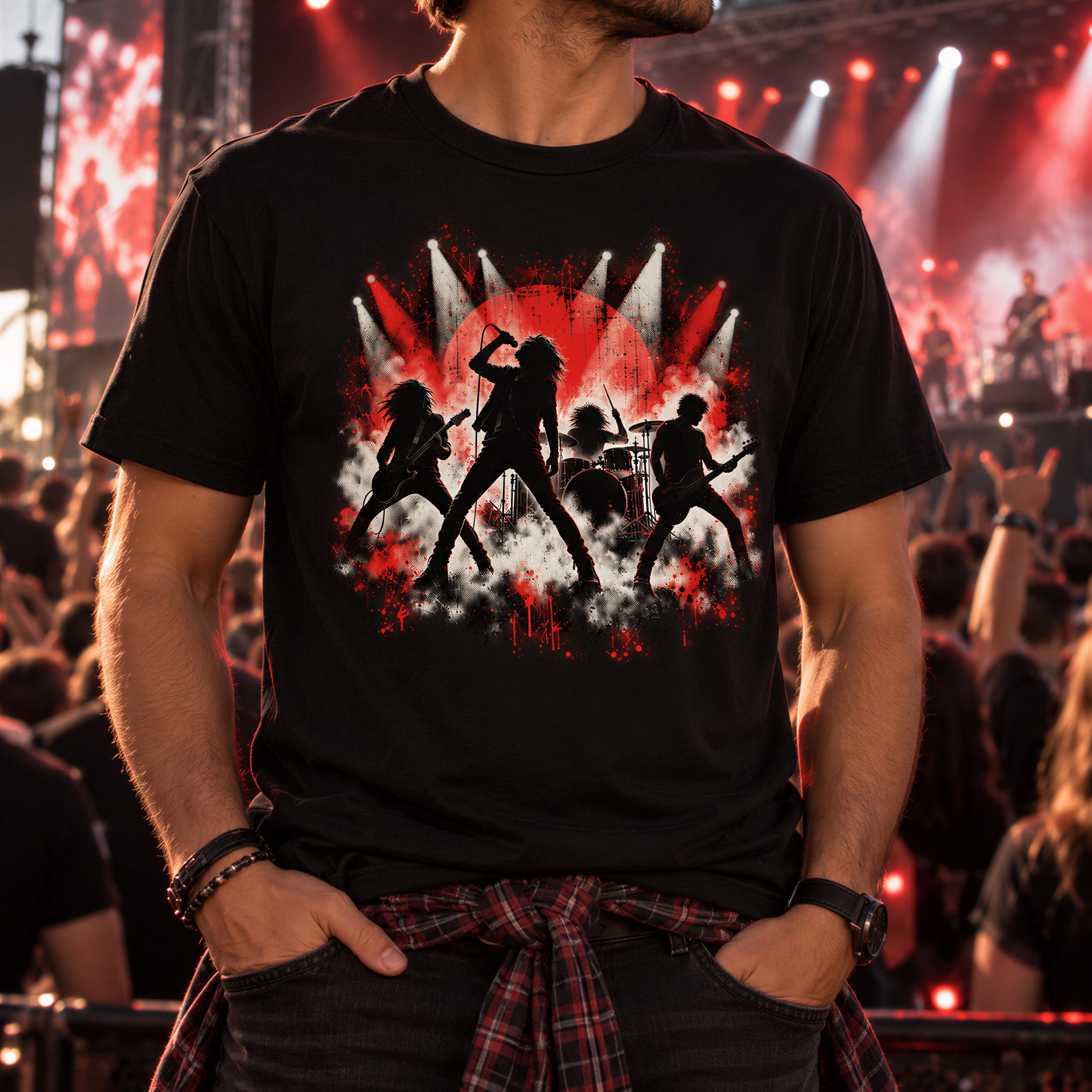 A person wearing a black t-shirt with a graphic design of three musicians performing on stage, with red and white lighting effects.