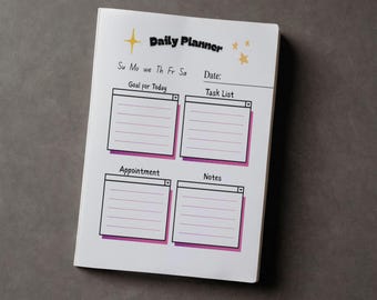 Puede incluir: Un planificador diario blanco con el texto "Daily Planner" y secciones para metas, tareas, citas y notas. El planificador tiene un diseño de estrella y explosión estelar, con un borde rosa y negro.