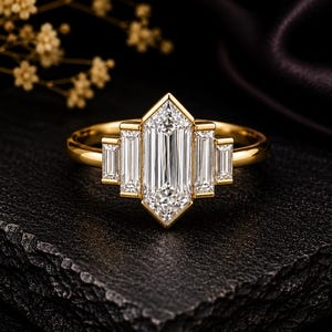 Hexagon & Baguette Cut Moissanite Engagement Ring, Moissanite Five Stone Anniversary Jewelry, Stackable Promise Gift