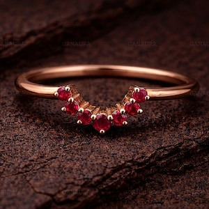 Ruby Chevron Stacking Ring, V Shape Half Eternity Band in 14K Rose Gold Plated Silver, Dainty July Birthstone Ring, Minimal Jewelry Gift