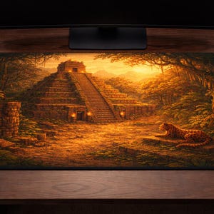 Peut inclure: Tapis de souris rectangulaire avec une illustration détaillée d'un ancien temple dans un cadre de jungle. L'œuvre représente une pyramide avec un long escalier, un jaguar et un feuillage luxuriant, le tout dans des tons chauds et terreux.