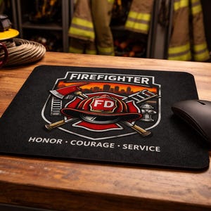 May include: Black mousepad with a firefighter emblem featuring a red helmet, axe, and ladder. The words "FIRE FIGHTER", "HONOR, COURAGE, SERVICE" are printed on the mousepad. A black computer mouse sits to the right.