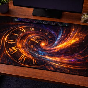 Op de afbeelding: Zwarte bureaumat met een wervelend melkwegstelselontwerp en een klok met gouden Romeinse cijfers. Een zwarte muis en toetsenbord liggen erop, op een houten bureau.