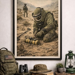 May include: Framed print depicting a soldier in a bomb disposal suit, kneeling in a desert environment, attending to a yellow and black explosive. Another soldier is visible in the background. A backpack, binoculars, and a green lantern are in the foreground.