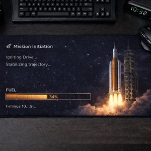 May include: Black rectangular desk mat featuring a space launch scene with a rocket blasting off. The mat has text that reads "Mission Initiation" and "FUEL 34%", with a starry night sky background. A computer keyboard, mouse, and headphones are visible.