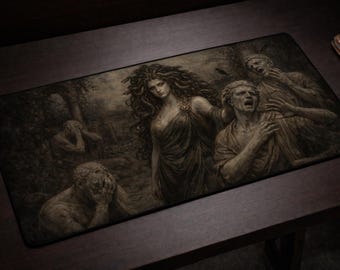 May include: Rectangular mousepad featuring a detailed, sepia-toned illustration of a classical scene. The artwork depicts a woman with long, flowing hair and several figures in distress. The overall theme is dark and dramatic.