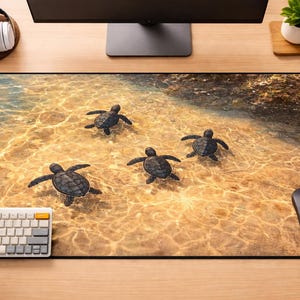 May include: A rectangular mouse pad featuring a beach scene with four sea turtles swimming in shallow, clear water. The turtles are dark gray, and the water has a golden-brown hue. A keyboard and mouse are visible.