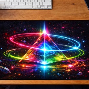 May include: A rectangular black mousepad featuring a vibrant, colorful design. A glowing, multi-colored pyramid is at the center, surrounded by concentric rings of light. The background is a starry, cosmic scene with scattered crystal shapes.